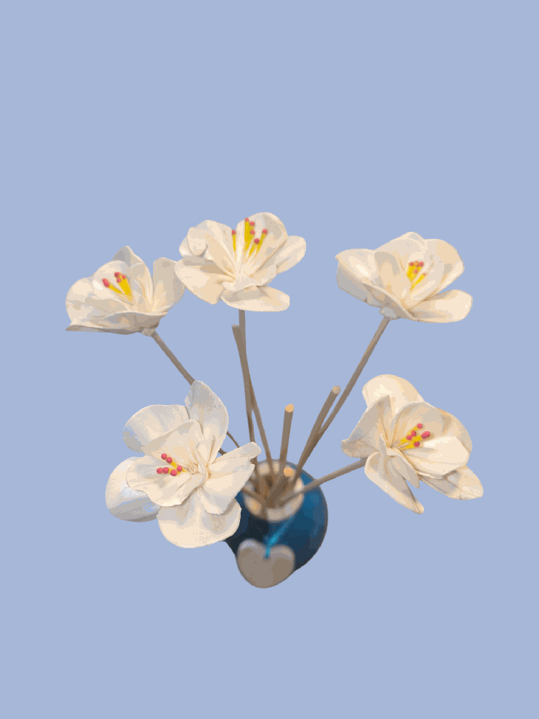 Vase boule bleu pailleuté batonnets et fleurs vu de haut.png