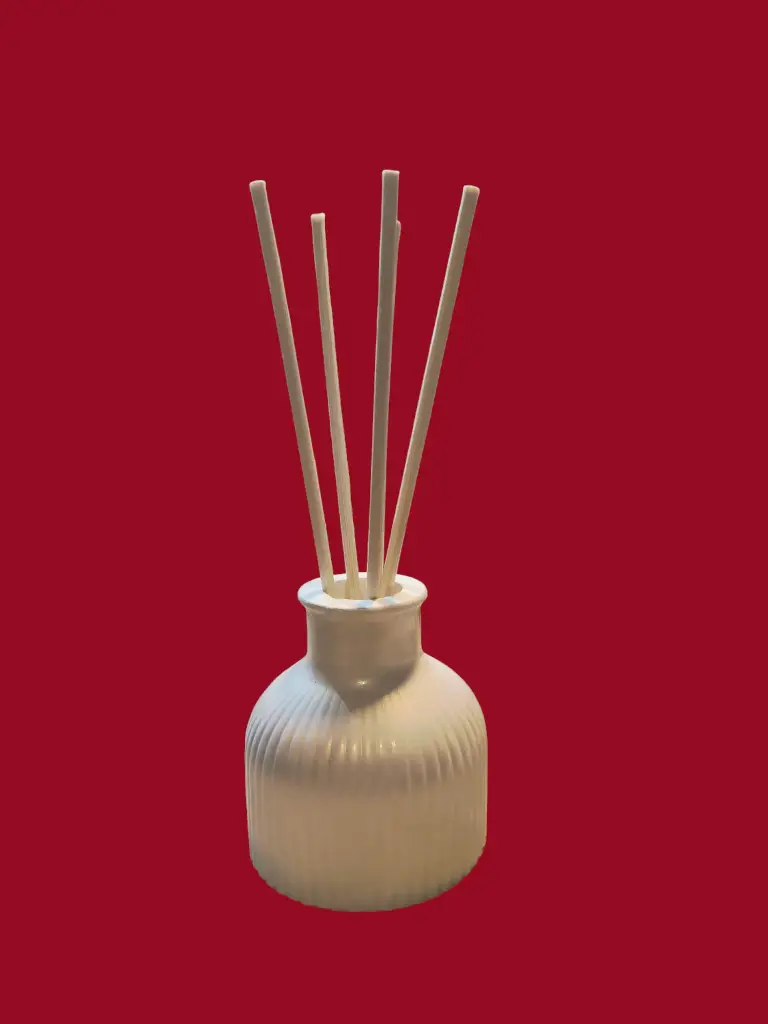 Diffuseur par Capillarité pour Parfums d'Ambiance - Diffuseur Rayure blanc nacré en plâtre et 5 BATONNETS (fabrication artisanale) pièce unique. Pensez à lire les recommandations d'utilisation. (ATTENTION les fleurs sont en options) 