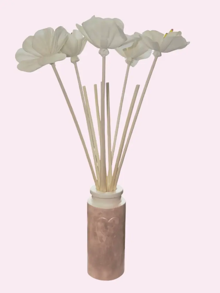 Diffuseur par Capillarité pour Parfums d'Ambiance - Diffuseur tube rose marbré en plâtre et 5 BATONNETS (fabrication artisanale) pièce unique. Pensez à lire les recommandations d'utilisation. (ATTENTION les fleurs sont en options) 