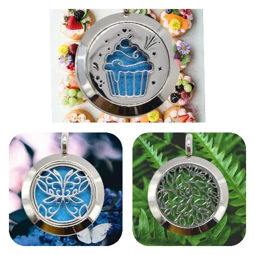 Collier Diffuseur ou a parfumer / Bijou Aromathérapie / en Inox et Buvards Fournis / Bijoux Diffuseur de Parfum et Huiles Essentielles (idée cadeau) 3 motifs : Cupcake, Papillon, feuille.                              Cordon tour de cou noir (des chaines en mailles de serpent sont disponibles sur ce site)