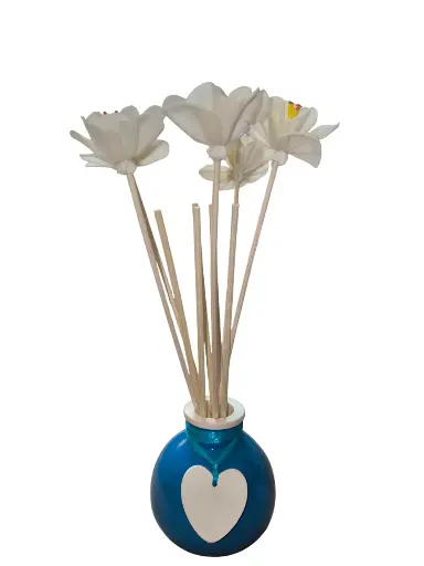 Diffuseur par Capillarité pour Parfums d'Ambiance - Diffuseur Boule bleu pailleté et cœur en plâtre avec 5 BATONNETS (fabrication artisanale) pièce unique. Pensez à lire les recommandations d'utilisation. (ATTENTION les fleurs sont en option)