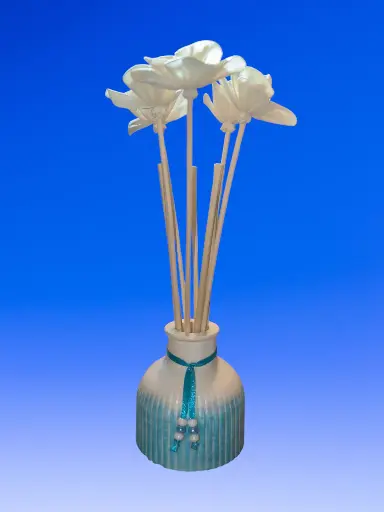 Diffuseur par Capillarité pour Parfums d'Ambiance - Diffuseur Rayure bleu en plâtre et 5 BATONNETS (fabrication artisanale) pièce unique. Pensez à lire les recommandations d'utilisation. (ATTENTION les fleurs sont en options)  